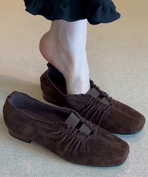 Brown Suede Wrinkled Splicing Flat Shoes For Women