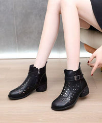 Black Cowhide Leather Hollow Out Splicing Chunky Boots