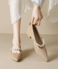 Black Chunky Shoes Suede Classy Pearl Splicing Pointed Toe