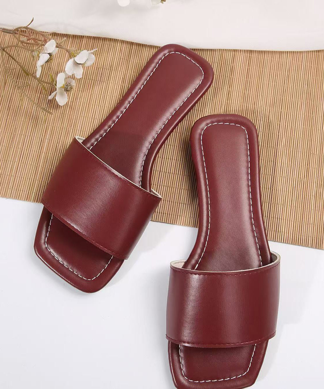 Mulberry Faux Leather Splicing Slide Sandals Peep Toe