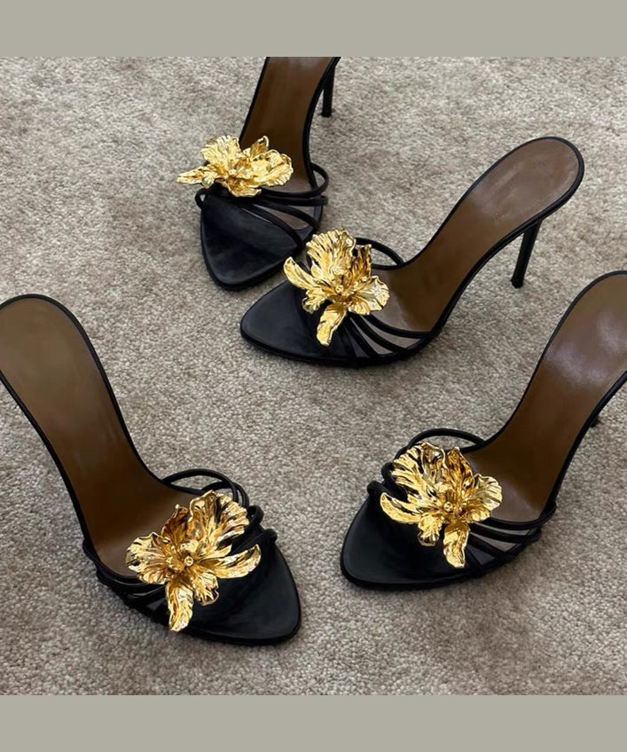 Black Stiletto Faux Leather Floral Splicing Slide Sandals