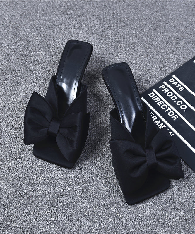 Black High Heel Bow Splicing Slide Sandals