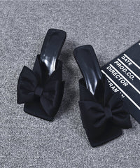 Black High Heel Bow Splicing Slide Sandals