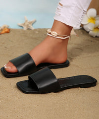 Black Faux Leather Slide Sandals Peep Toe