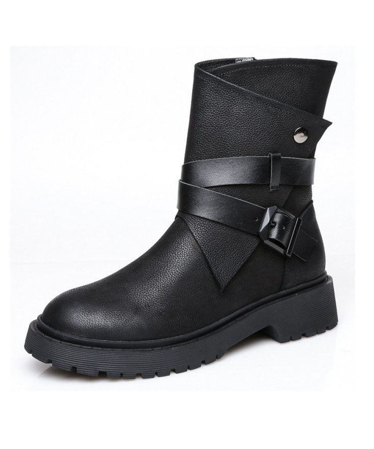 Buckle Strap Zippered Splicing Platform Boots Black Cowhide Leather