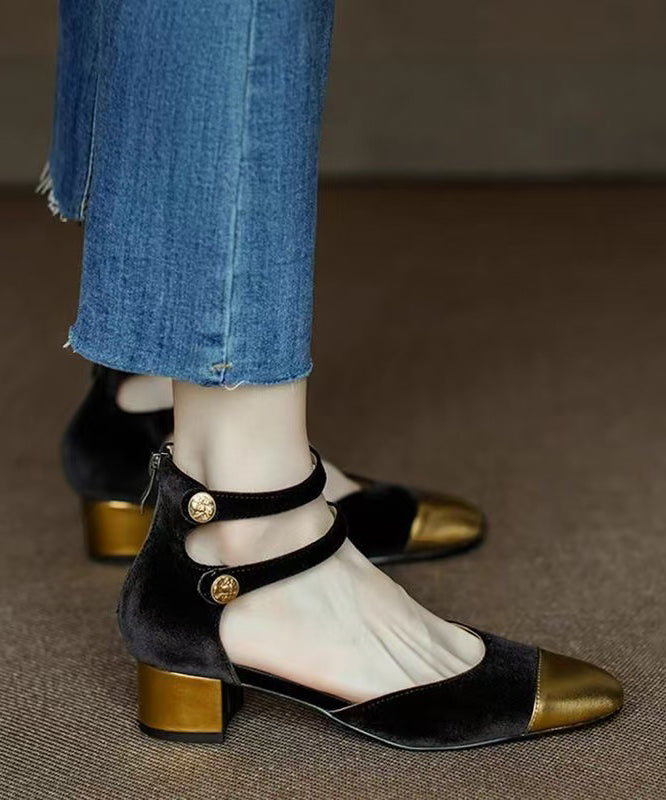 Velour Splicing Chunky Sandals Champagne Cowhide Leather