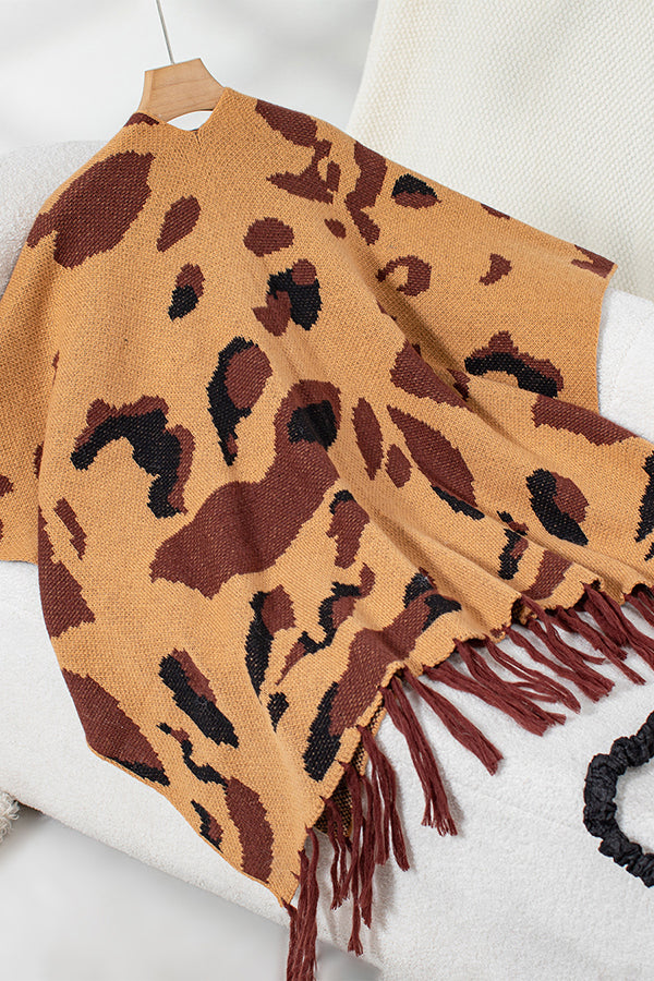 Leopard Print Contrast Tassel Hem Loose Knitted Shawl