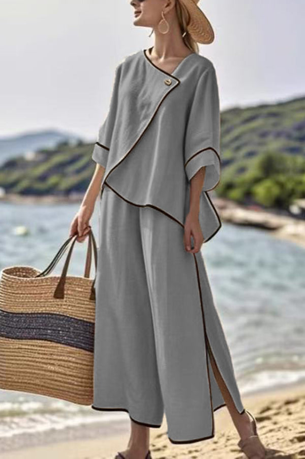 Color Trim Asymmetrical Casual Top and Elastic Waist and Wide-leg Pant Set