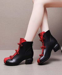 Black Cowhide Leather Splicing Boots Fuzzy Wool Lined