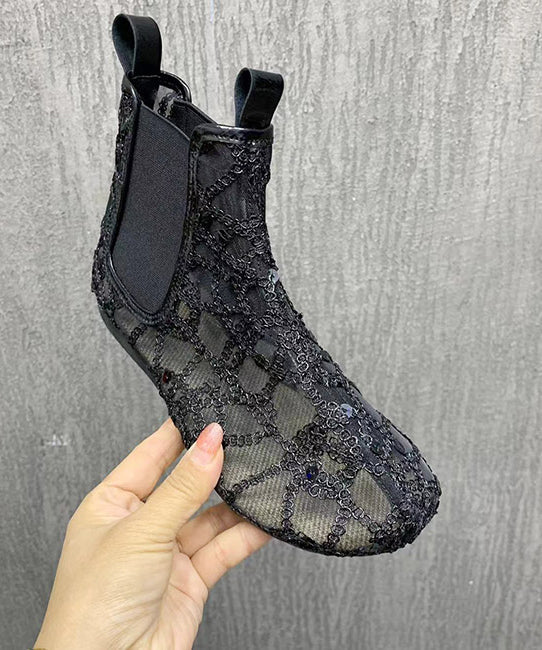 Black Boots Splicing Sequins Hollow Out Breathable Mesh