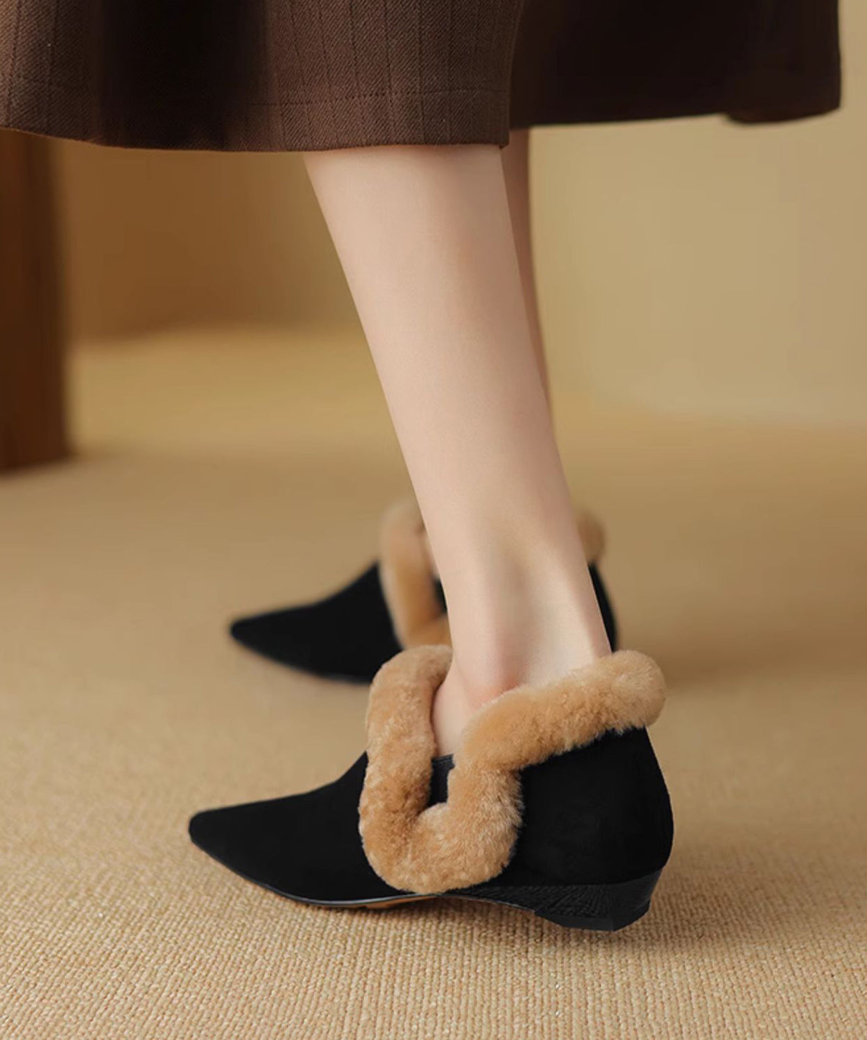Handmade Apricot Suede Flats Shoes Pointed Toe Fuzzy Wool Lined