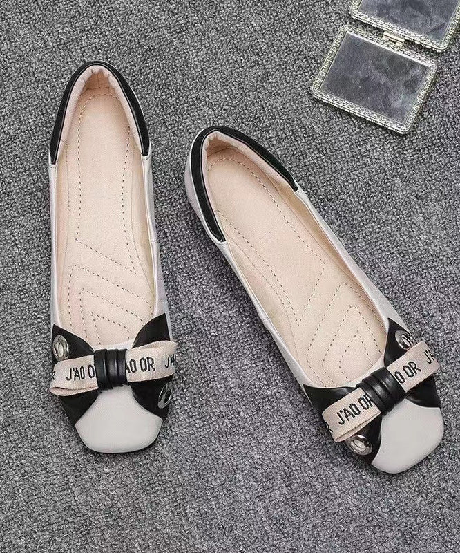 Bow Splicing Comfortable Flat Shoes Beige Faux Leather