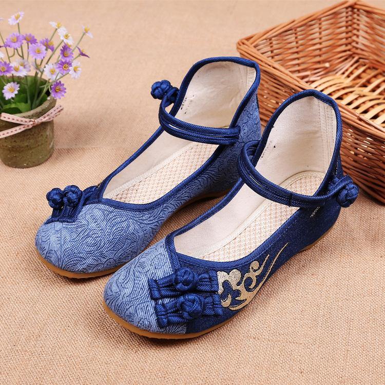 Buckle Strap Wedge High Wedge Heels Shoes Blue Oriental Cotton Fabric