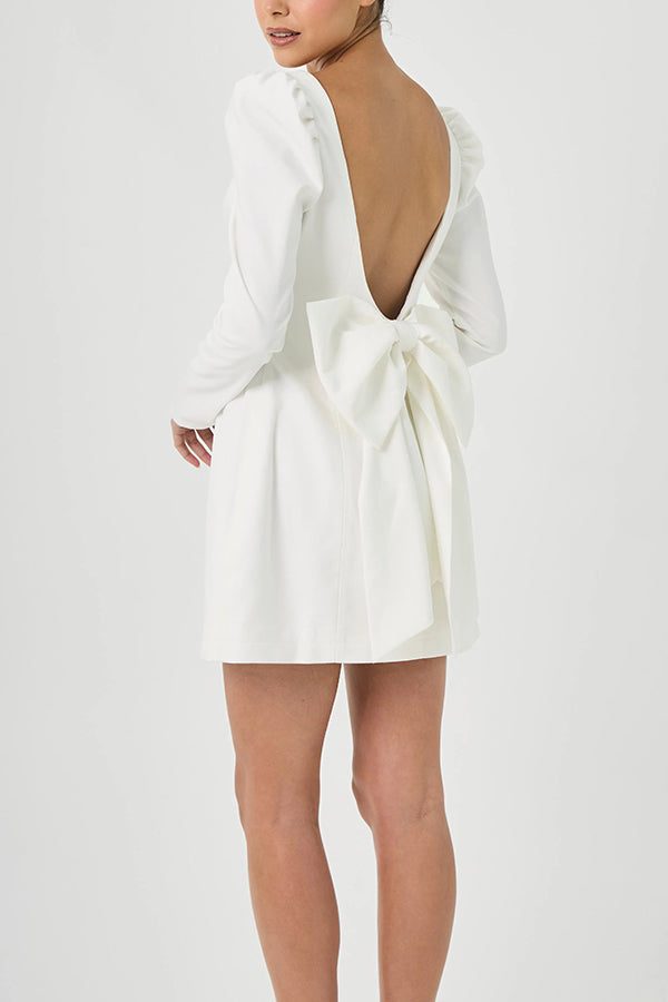 party dress fluffy shoulder long sleeved back bow detail mini dress