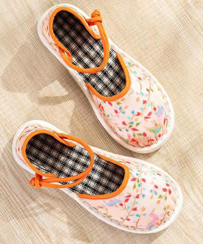 Handmade Flats Shoes Orange Cotton Fabric Buckle Strap