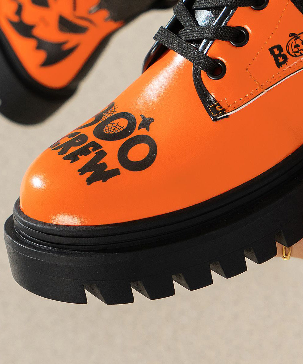 Stylish Orange Print Lace Up Splicing Faux Leather Chunky Boots