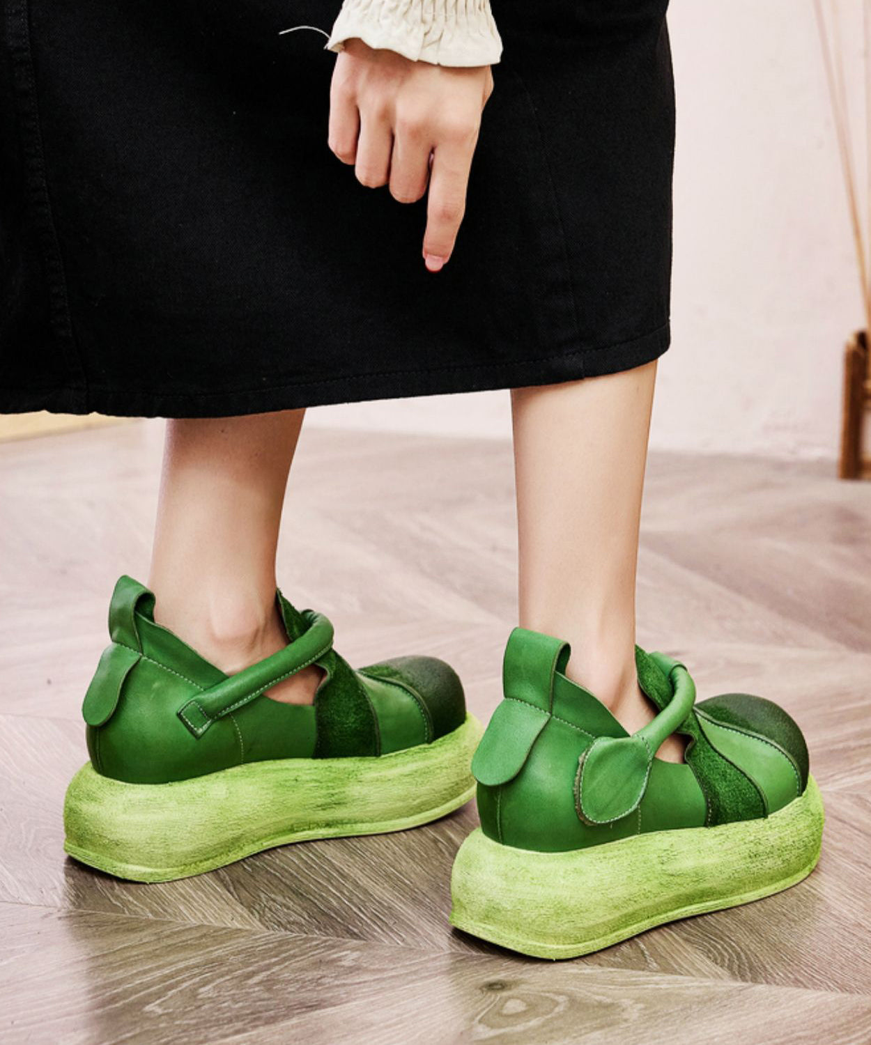 Casual Splicing Platform Flat Shoes Green Cowhide Leather