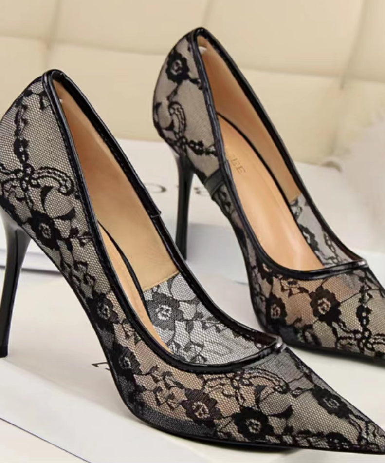 Pointed toe stiletto high heels female lace mesh sexy bed hollow single shoes spring new