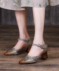 Coffee Splicing Hollow Out Lace Up Chunky Cowhide Leather Sandals