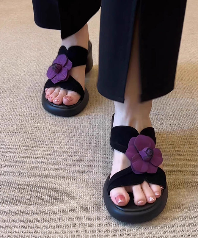 Black Floral Splicing Chunky Slide Sandals Peep Toe