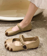 Fine Buckle Strap Flat Shoes For Women Beige Cowhide Leather