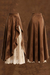 Suede and Lace Patchwork Elegant Asymmetrical Midi Skirt