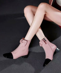 Classy Bow Zippered Splicing Chunky Boots Pink Sheepskin