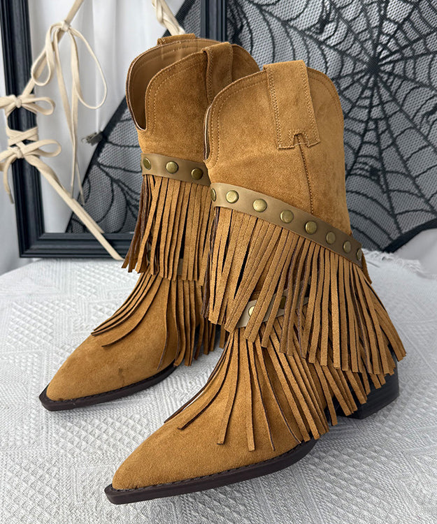 Bohemian Khaki Suede Tassel Splicing Boots Pointed Toe