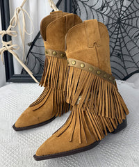 Bohemian Khaki Suede Tassel Splicing Boots Pointed Toe
