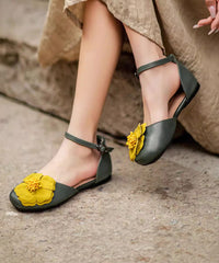 Vintage Green Flat Sandals Splicing Floral Buckle Strap