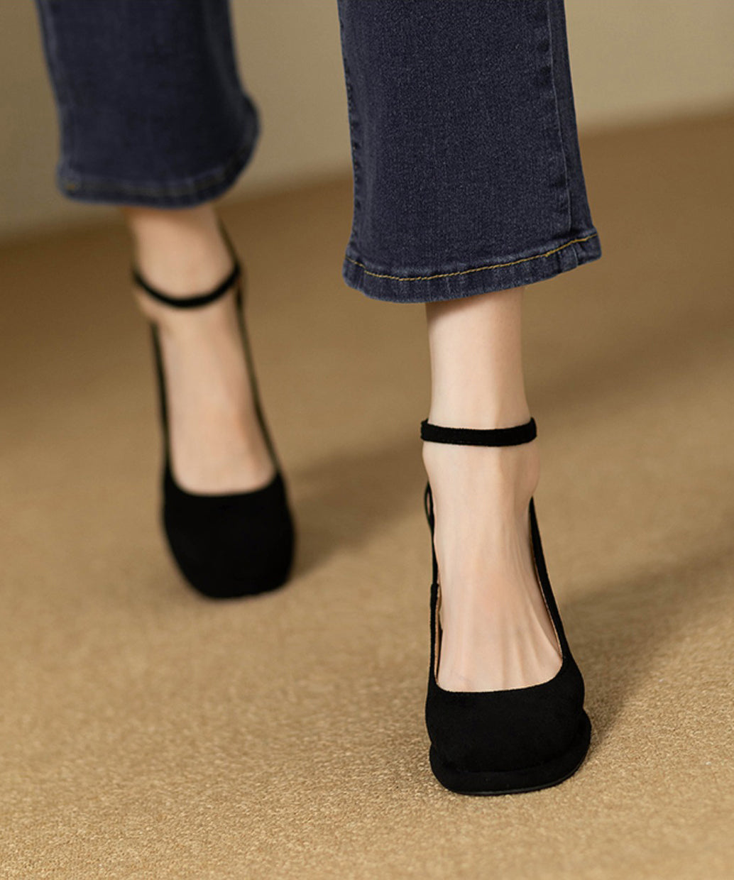 Black Suede Splicing Chunky Heel Sandals Hollow Out Buckle Strap