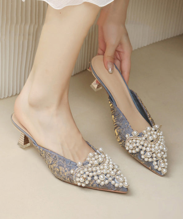 Elegant Splicing High Heel Blue Slide Sandals Nail Bead Pointed Toe