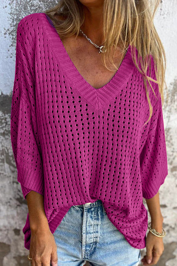 Hollow V-neck Long-sleeved Casual Loose Knitted Top