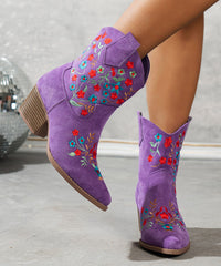 Elegant Purple Pointed Embossed Boots Suede Chunky Ankle Boots