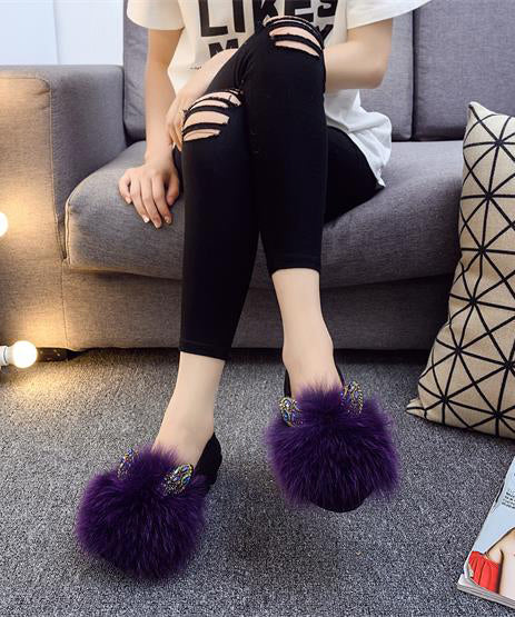Purple Flat Shoes For Splicing Fuzzy Fur Zircon