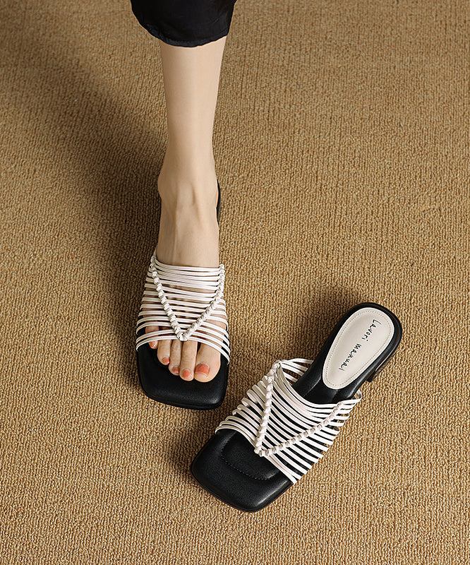 French Apricot Splicing Faux Leather Slide Sandals Peep Toe