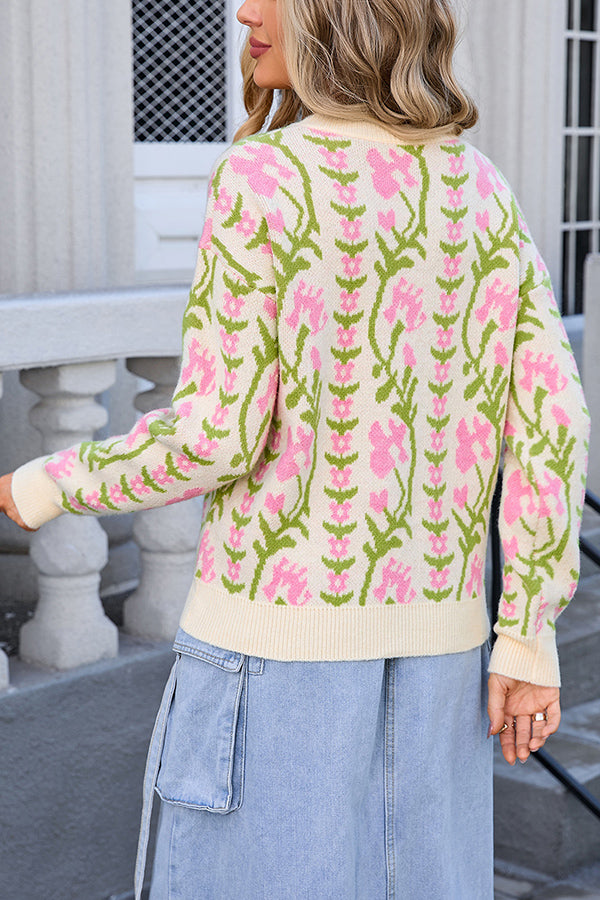 Floral Knitted Crew Neck Casual Sweater