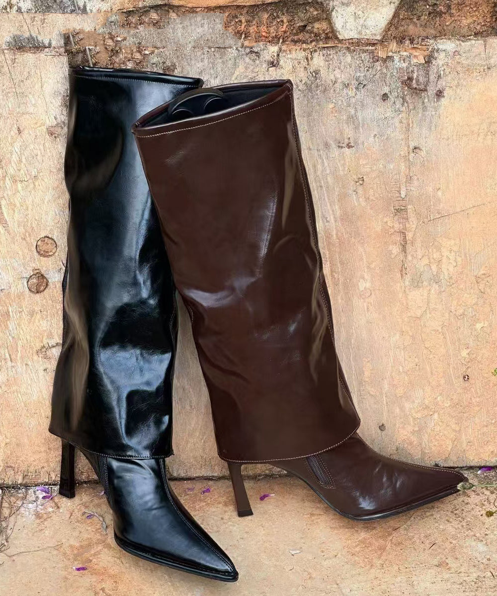 Black Faux Leather Stiletto Heels Boots Splicing