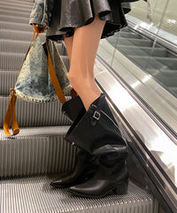 Splicing Chunky Boots Brown Cowhide Leather