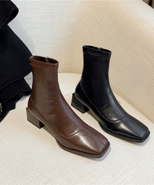 Brown Chunky Boots Splicing Zippered