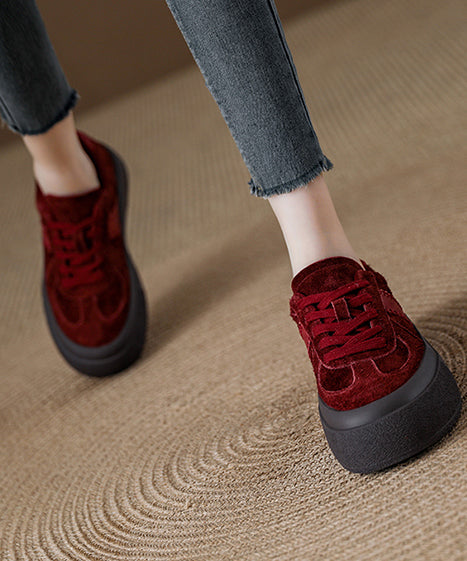 Red Suede Lace Up Splicing Flat Feet Shoes