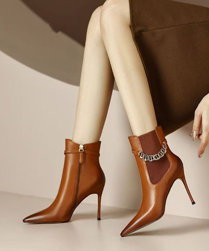 Classy Splicing Stiletto Boots Brown Faux Leather Pointed Toe