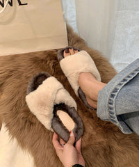 Splicing Platform Slippers Shoes Khaki Fuzzy Fur