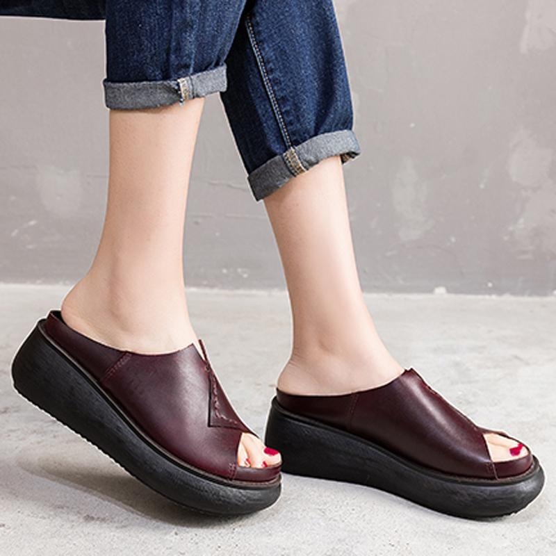 Sewing Platform Casual Leather Slippers