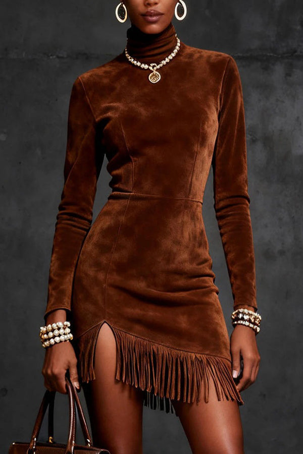 Suede Turtleneck Long-sleeved Slim-fit Tassel Mini Dress