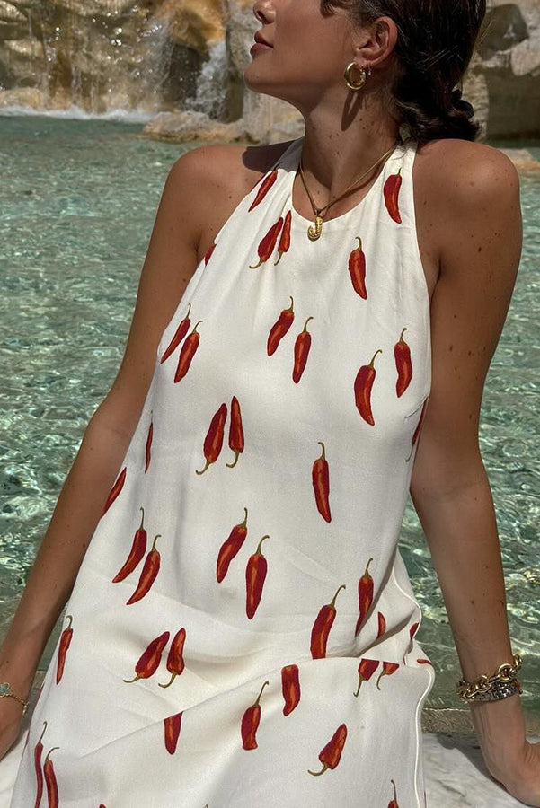 Spicy Chili Pepper Unique Print Soft Fabric Halter Loose Mini Dress