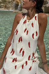 Spicy Chili Pepper Unique Print Soft Fabric Halter Loose Mini Dress