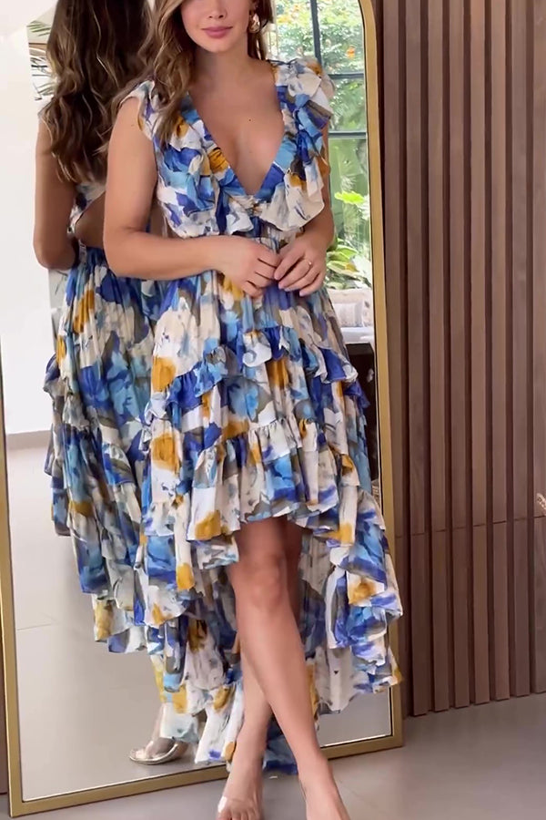 Boho Floral Print V-neck Backless Resort Maxi Dress