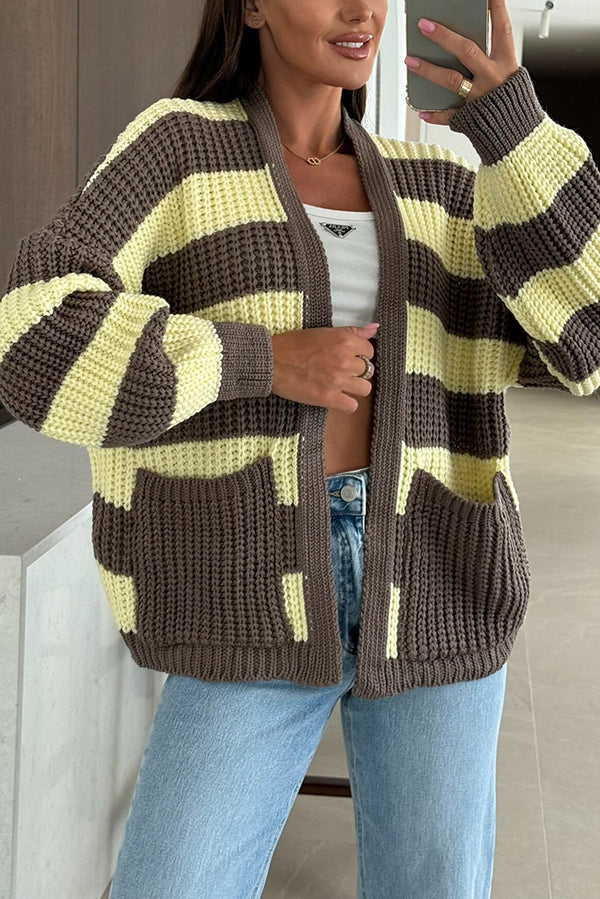 Patchwork Striped Casual Pocket Knitted Sweater