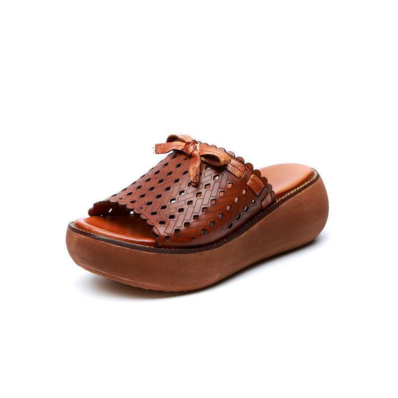 Leather Vintage Hollow Out Wedge Casual Slippers